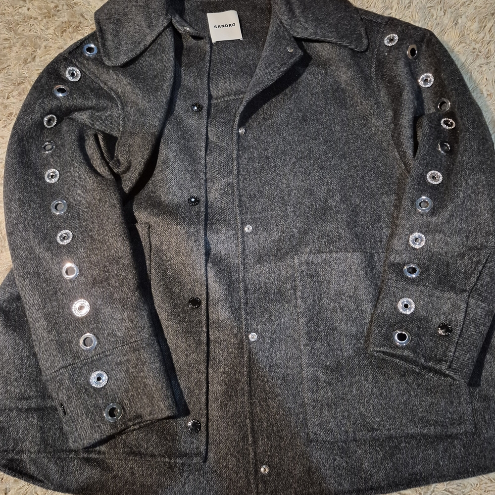 Sandro Dark Gray Wool-Blend Pea Coat with Grommet Sleeve Detail - Picture 3 of 9